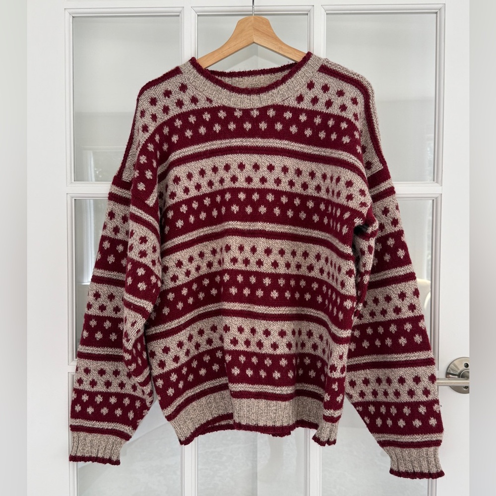 Vintage Wool Crewneck Sweater – Burgundy & Beige Fair Isle Stripe – Unisex Sz L